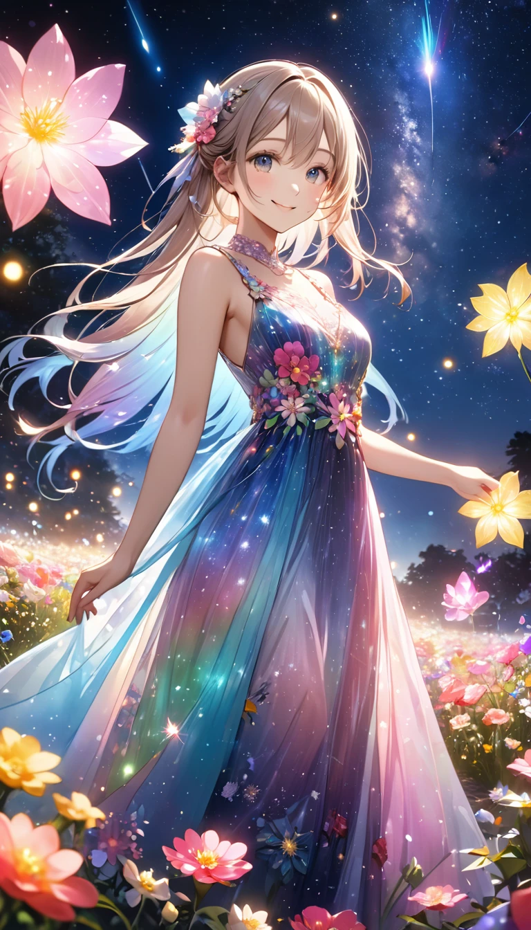 Highest quality, Highest quality, 8k, Very detailed, 2.5D, delicate and dynamic, Fireflies flying around with small lights, night, Starry Sky, milky way, nebula, shooting star, Flowers,,smile, Delicate eye depiction,  Healthy body shape, Colorful floral ornament, Crystal translucent dress, Colorful long dress, 