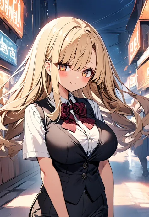 one girl　cute girls　anime style　anime face　anime style　beauty　big breasts　black vest　plain white shirt　no-tuck black pants　blond...