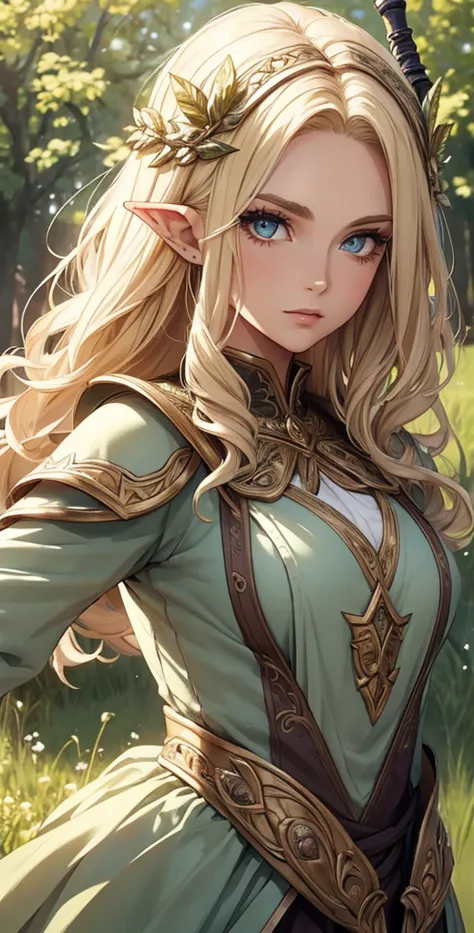 (masterpiece:1.2), (Highest quality:1.2), Perfect Eyes, Perfect Face, Perfect lighting, One girl, Mature Elven Woman in a Field, Medium blonde hair, Curly Hair, Detailed clothing, Detailed outdoor background, compensate, eye shadow, Thick eyelashes, Fantasy, Looking at the audience, Spring Wearing Armor,The tip of the sword is pointed towards me.