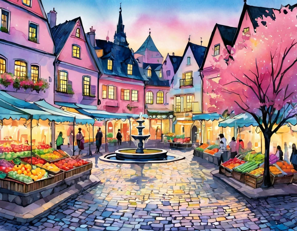 Create an illustration of a charming European village square in a surrealist watercolor style, with dominant pastel colors and high contrast. The whimsical houses are painted in soft pastel tones—pink, blue, yellow, and lavender—each building outlined with thick, bold black lines for clear definition. The cobblestone plaza features colorful tiles in pastel shades, but with sharper contrasts where the colors meet. The fountain in the center shimmers under bright light, reflecting off the water with ethereal, glowing highlights. Surrounding market stalls are filled with vibrant produce, their colors made brighter and more intense through bold lines and contrast. The trees, with their round canopies bearing bright orange fruits, stand out vividly against the soft, surreal backdrop. The overall scene should be well-lit, with bright highlights illuminating the square, creating a dreamy yet vibrant atmosphere where the pastel tones blend harmoniously but stand out through bold edges and a clear, defined structure