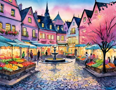 create an illustration of a charming european village square in a surrealist watercolor style, with dominant pastel colors and h...