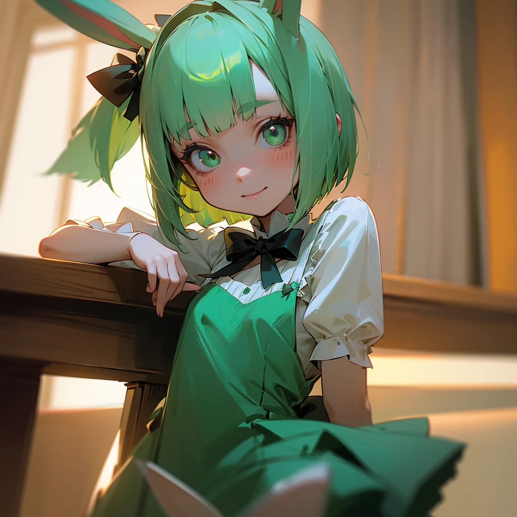 long Green rabbit ears, green animal ears, a girl, bob cut, green hair, green eyes, alone, short,  (Lolita), (childhood), (tiny) smile, bartender, kawaii, cute,face, bar