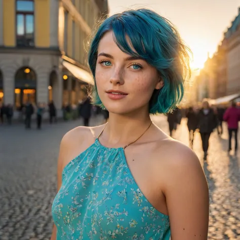 (((woman, 20 years old, nordic ethnicity, short blue hair, perfect face, light freckles, blue-green eyes, slight smile))), (((st...