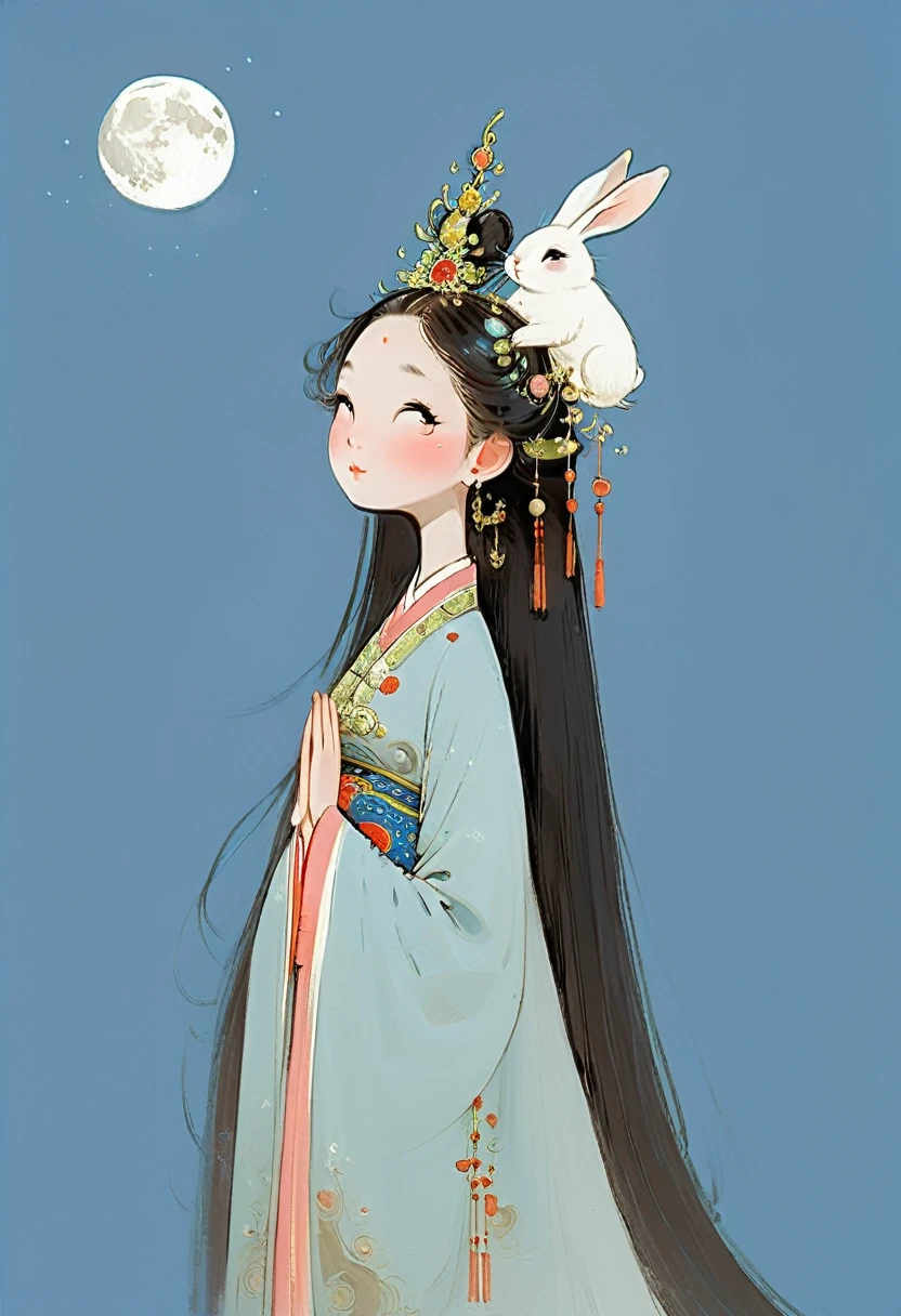 Vector illustration, Flat illustration, A young and beautiful woman with long flowing hair and traditional Chinese clothing, featuring an elegant headdress and carrying a white rabbit in her arms. Her eyes are gentle and charming, and her expression is serene. The background is a decorated moon. Light blue and pink, Vividly depict movement, Bell Stone, carefully designed, Margaret Brasingham, Light gold and orange, National style, illustration, Chinese style  