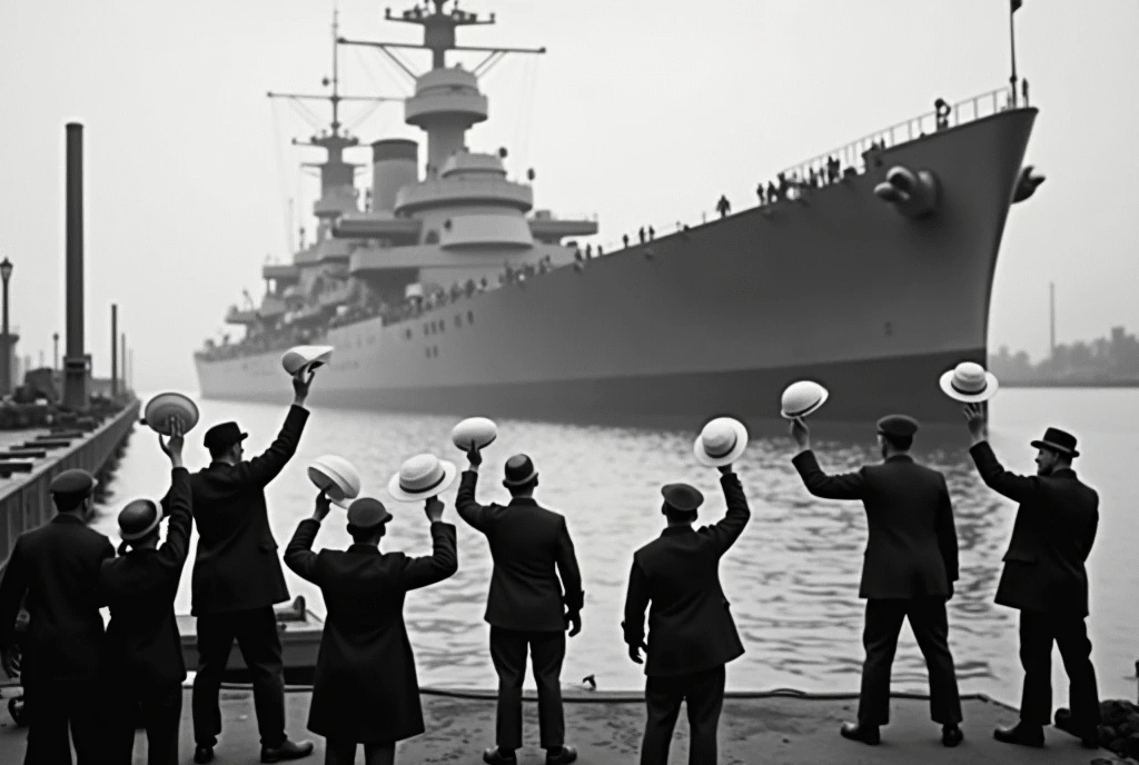 A documentary photograph of a Navy warship being flooded in 1918, shipbuilders and workers are seen waving their white hats off at the pier, seen from behind; the photograph is labeled “1918, Summer” in small letters,