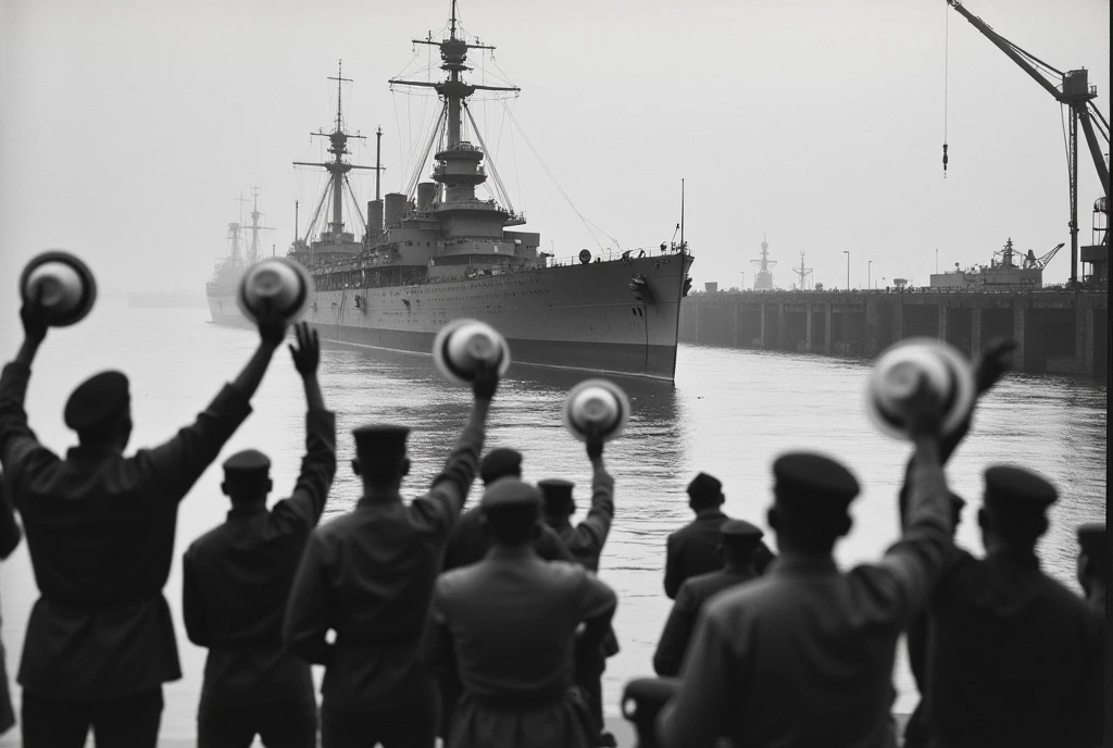 A documentary photograph of a Navy warship being flooded in 1918, shipbuilders and workers are seen waving their white hats off at the pier, seen from behind; the photograph is labeled “1918, Summer” in small letters,