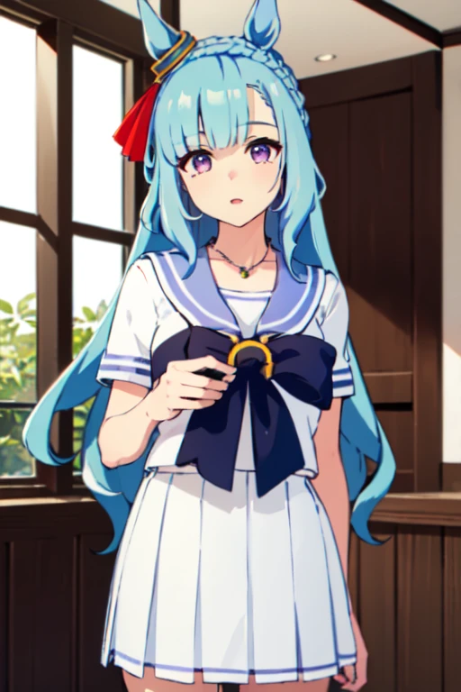 (masterpiece:1.2, Highest quality), 8k, High resolution,original, Beautiful attention to detail,Very detailed, ((White-eye Aldan \(umamusume\)), earrings, necklace, Sailor suit, mini skirt