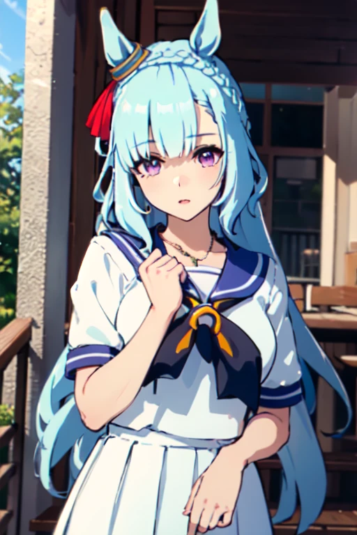 (masterpiece:1.2, Highest quality), 8k, High resolution,original, Beautiful attention to detail,Very detailed, ((White-eye Aldan \(umamusume\)), earrings, necklace, Sailor suit, mini skirt