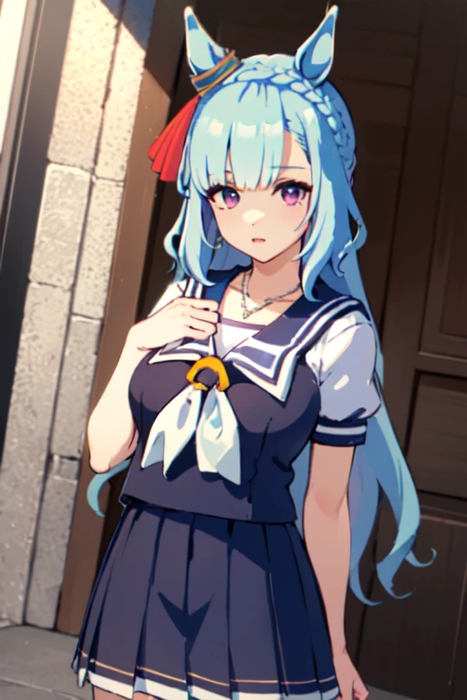 (masterpiece:1.2, Highest quality), 8k, High resolution,original, Beautiful attention to detail,Very detailed, ((White-eye Aldan \(umamusume\)), earrings, necklace, Sailor suit, mini skirt