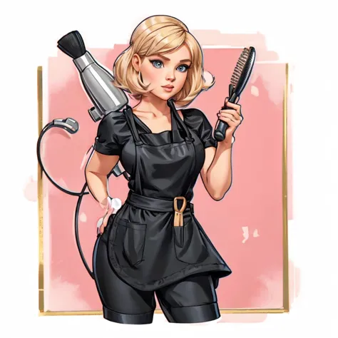 blonde bob hairstyle, black outfit, holding a hairdryer in one hand and a hair straightener in the other, scissors and comb in a...