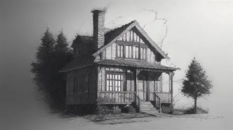 (doodles:1.2),(a dilapidated house on the edge of a winter forest,One-storey:0.7),victorian era,A wealth of detail, delicate pencil drawing,Ilford Delta 3200
 