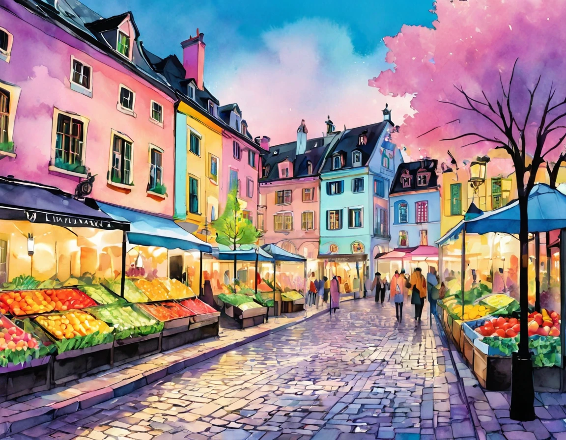 Create an illustration of a charming European village square in a surrealist watercolor style, with dominant pastel colors and high contrast. The whimsical houses are painted in pale pastel tones—pink, blue, yellow, and lavender—each building outlined with thick, bold black lines for clear definition. The cobblestone plaza features colorful tiles in pastel shades, but with sharper contrasts where the colors meet. The fountain in the center shimmers under bright light, reflecting off the water with ethereal, glowing highlights. Surrounding market stalls are filled with vibrant produce, their colors made brighter and more intense through bold lines and super contrast. The trees, with their round canopies bearing bright orange fruits, stand out vividly against the soft, surreal backdrop. The overall scene should be well-lit, with bright highlights illuminating the square, creating a dreamy yet vibrant atmosphere where the pastel tones blend harmoniously but stand out through bold edges and a clear, defined structure