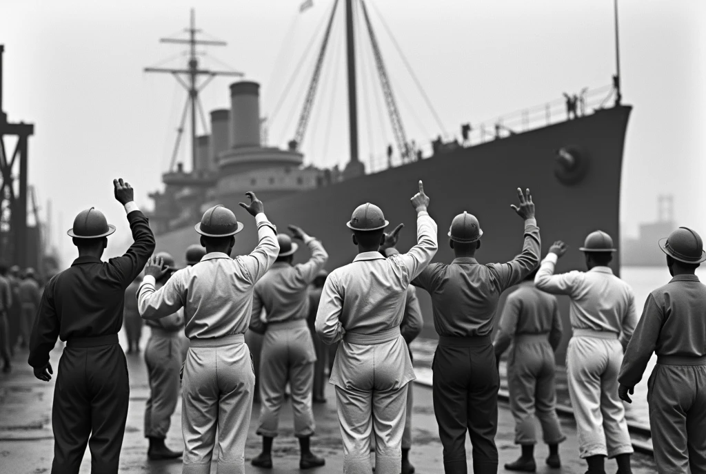 A documentary photograph of a Navy warship being flooded in 1918, shipbuilders and workers are seen waving their white hats off at the pier, seen from behind; the photograph is labeled “1918, Summer” in small letters,