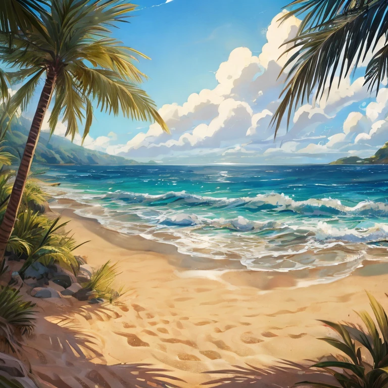 A serene beach scene with waves gently rolling in and out, animated with flowing water and moving sand