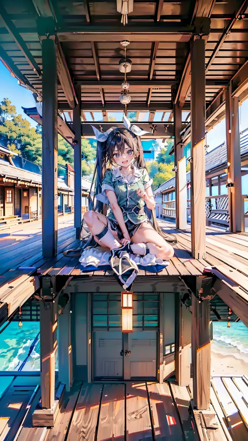 naked,bikini, white pantie,ultra high quality,masterpiece,(((sitting_indian_style,porch))), chikuma,/(kantai_collection/),(((Having fun in japanese style room, (wood deck, porch:1.2) around the beach))),in uniform,straight_long_hair,