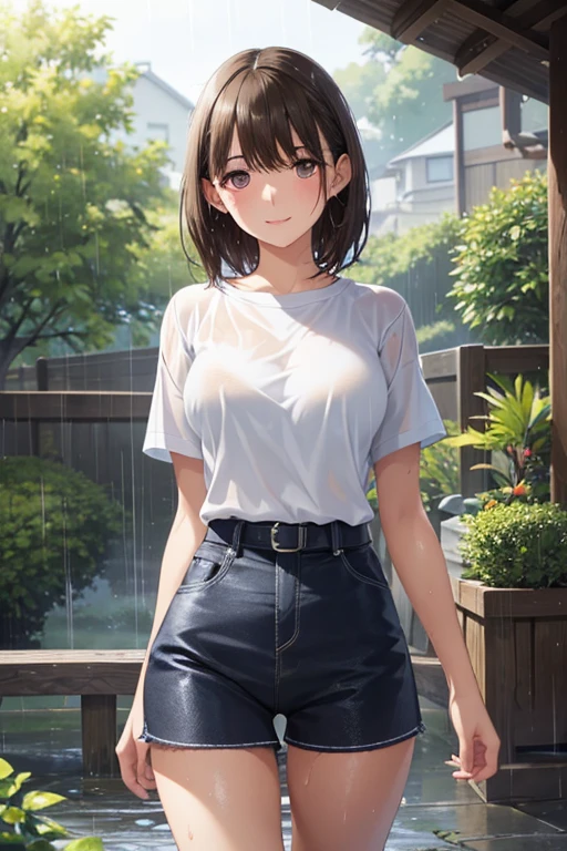 anegasaki nene、Shiny brown hair, short hair, (Beautiful brown eyes、Sparkling eyes, Fine grain)、smile、Ultra-detailed eyes、Highly detailed face, Highly detailed eyes,Cowboy Shot、



(Ultra-realistic, High resolution, Highest quality, 4K, Professional, Cowboy Shot), In Full HD、
Illustration of a cool style girl, Beautiful Eyes, Sharp eyes. 
short hair, Her left-facing bangs with red highlights make her stand out.. smile, She is wearing a fashionable white T-shirt, Shorts, Wet Skin, Wet Face, Wet Dress, Wet Hair, (rain, rainy), garden, Exude confidence and personality.