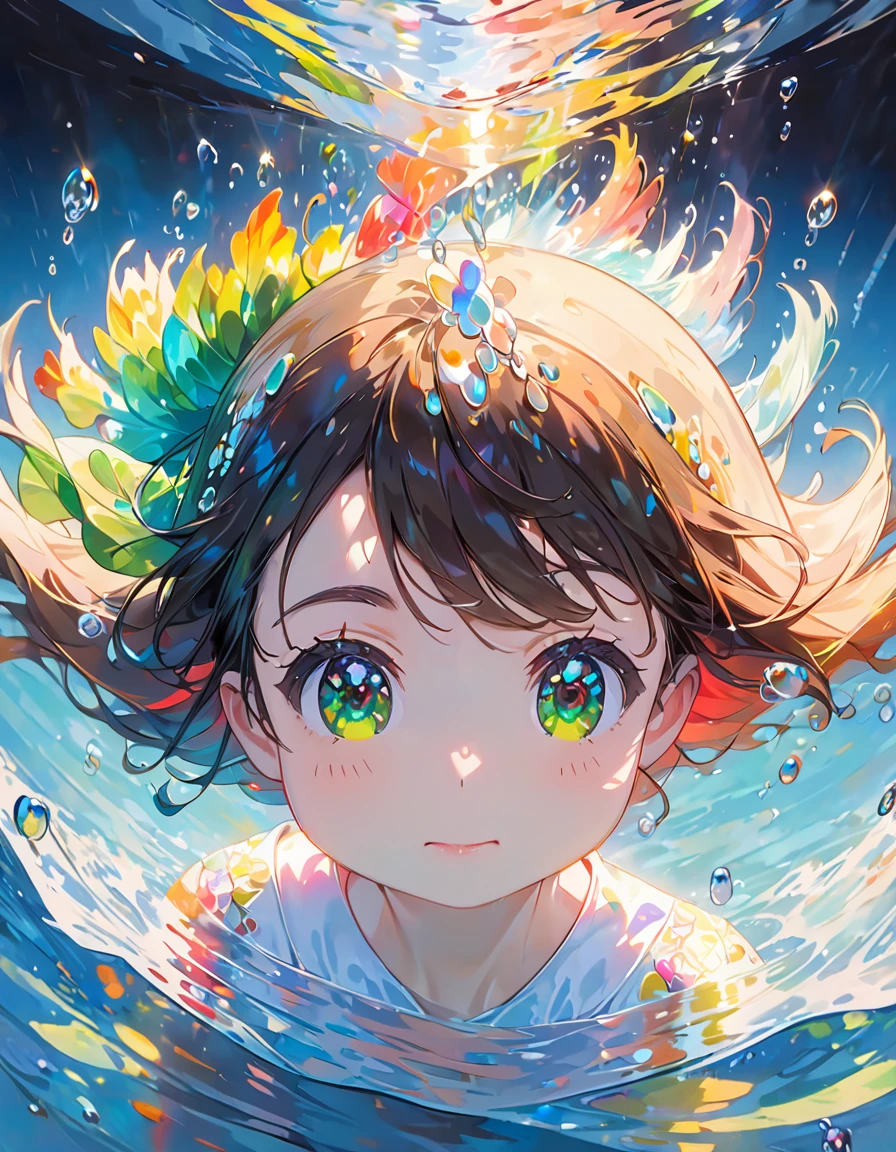 Girl swimming underwater,Ultra-detailed rendering style,Shine,yellow,green,Brush,Surreal oil painting,Shine目,Head close-up,Exaggerated perspective,Tyndall effect,Water Drop,Mother of pearl rainbow color,holographic white,Black background,