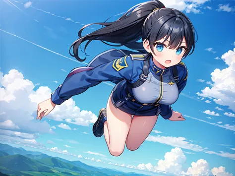 one girl, blue sky,fighter,fｰ22,ponytail, black hair, pilot,pilotスーツ,full body shot,airfield,above ground