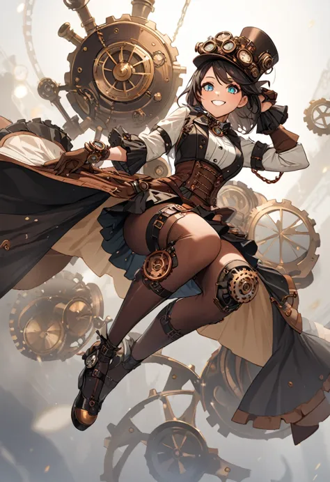 8k,high res,skin details, beautiful facial features, exquisite makeup, exquisite eyes,smile,((steampunk)),fullbody.jump