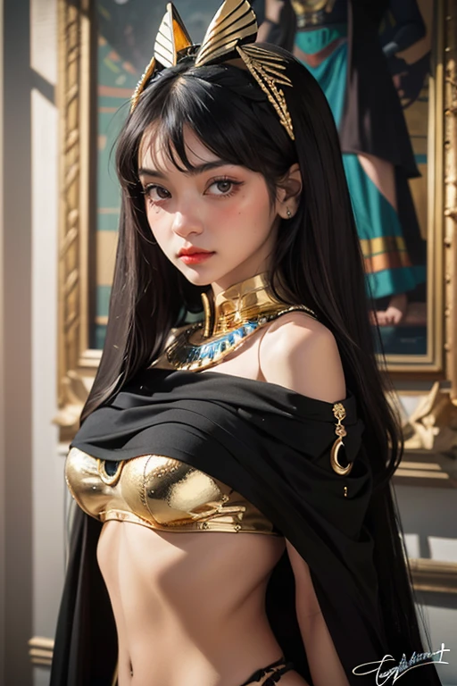 ((Oil Painting by Frank Frazetta.)),Queen Cleopatra, beautiful egyptian woman, beautiful black eyes、Egyptian woman smiling, (Brilliant Egyptian Jewelry, perfect body:1.4,(of the highest quality、8th、32K、masterpiece)、High Definition, ((Ancient Egyptian bangs and hairstyles)), Black hair with thick bangs on the forehead.., (cowboy shot), depth of field, Cinematic light effect、The body is proportional.., Caramel-colored skin that shines from oil and sweat.., ((Egyptian Witch)), ((wearing insanely detailed black and gold ancient Egyptian Witch outfit)), ((Elegant black and gold Egyptian headdress.)), Inside the ancient Egyptian palace, No