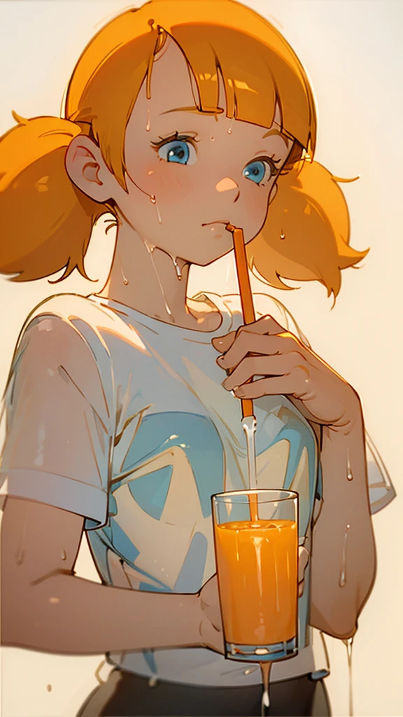 masterpiece, best quality, 1girl, penny, blonde hair, twintails, blunt bangs, blue eyes、a sheer see through wet white shirt、 Upper body、Drinking a orange juice from a glass、No background、Background white