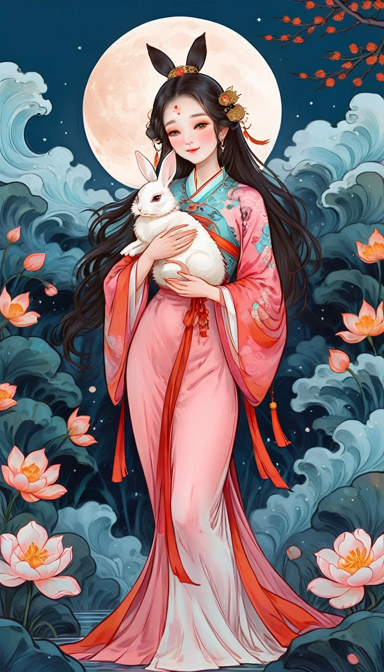 Vector illustration, Flat illustration, A young and beautiful woman with long flowing hair and traditional Chinese clothing, featuring an elegant headdress and carrying a white rabbit in her arms. Her eyes are gentle and charming, and her expression is serene. The background is a decorated moon. Light blue and pink, Vividly depict movement, Bell Stone, carefully designed, Margaret Brasingham, Light gold and orange, National style, illustration, Chinese style  