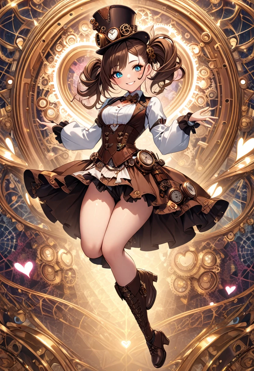 8K,high res,Skin details, Beautiful facial features, Exquisite makeup, Exquisite eyes,smile,((steampunk)),fullbody,jump,((fractal structure background with heart motif))