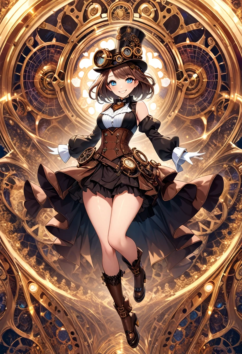 8K,high res,Skin details, Beautiful facial features, Exquisite makeup, Exquisite eyes,smile,((steampunk)),fullbody,jump,((fractal structure background with heart motif))