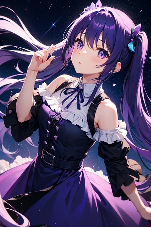 Looking up at the night sky、Blue twin tails、Purple eyes、Black and purple dress、dark