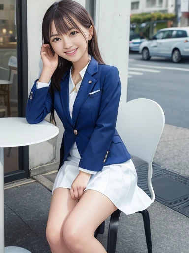 Japanese female, (underweight), (medium bust best quality:1.0), 30 years old, (cheerful grin:1.3),
open cafe, delightful, sitting, (blue business suit), (white skirt), outside, with a table, with a chair, (coffee time:1.2), ground-level shot,