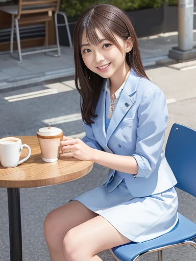 Japanese female, (underweight), (medium bust best quality:1.0), 30 years old, (cheerful grin:1.3),
open cafe, delightful, sitting, (blue business suit), (white skirt), outside, with a table, with a chair, (coffee time:1.2), ground-level shot,