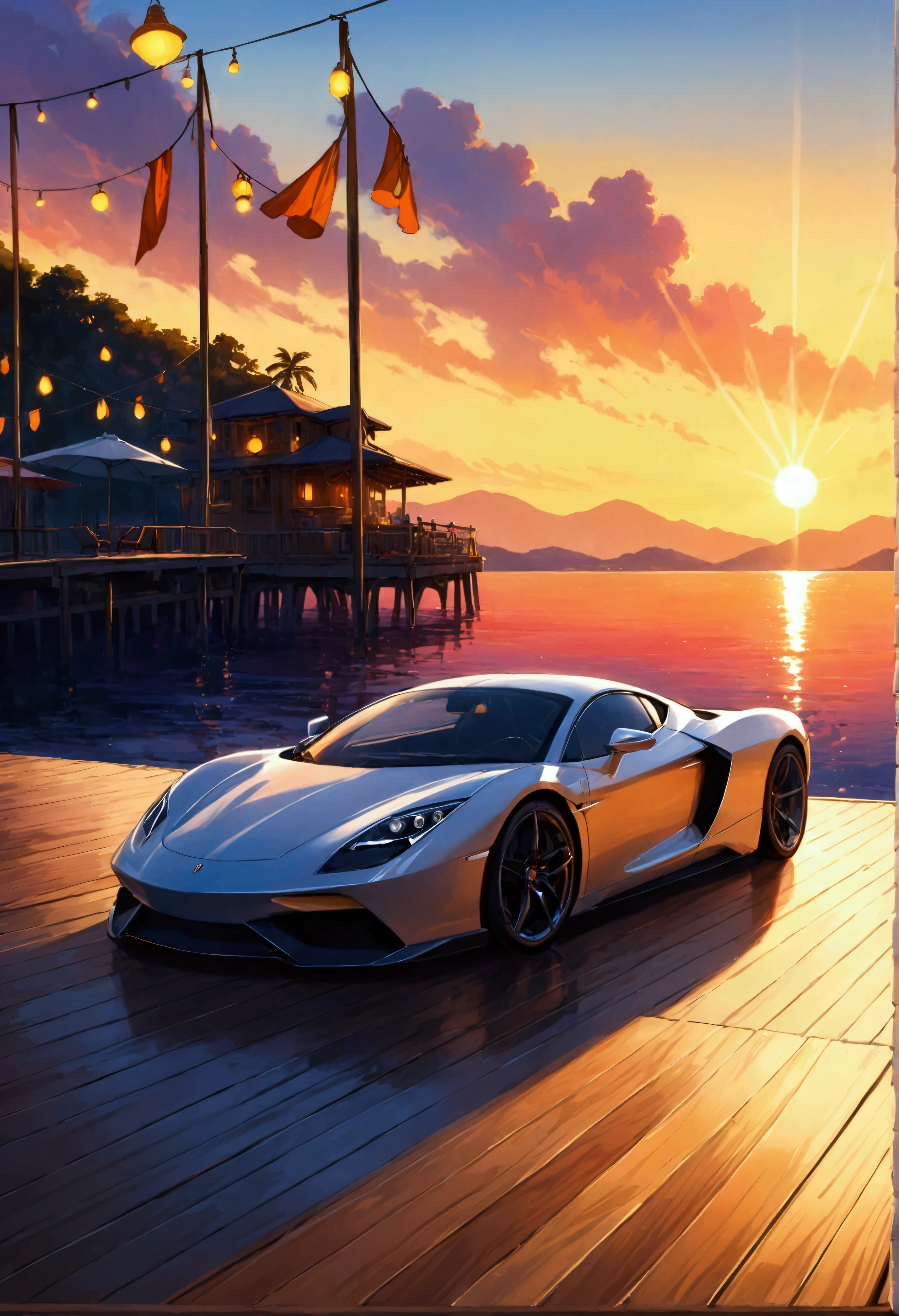 A high-fidelity, award-winning anime art masterpiece, depicting a sleek supercar parked at the end of a wooden pier during a vibrant summer sunset. The setting sun casts a warm, golden glow across the scene, reflecting off the polished surface of the car and creating stunning specular highlights along its sleek, aerodynamic design. The wooden planks of the pier are illuminated by the fading sunlight, adding depth and texture to the composition.

In the distance, colorful carnival lights and decorations from a nearby summer festival softly glow, contrasting with the rich oranges and purples of the sky. The Tyndall effect of the light filtering through the clouds and carnival decorations creates dramatic God Rays that stretch across the horizon, enhancing the scene’s ethereal atmosphere. Gentle bloom effects surround the glowing lights, and a subtle lens flare highlights the brilliance of the setting sun.

The tranquil water beneath the pier mirrors the supercar and the warm colors of the sky, adding a reflective quality that completes the serene yet captivating moment, capturing the perfect blend of luxury, nature, and the magic of summer.