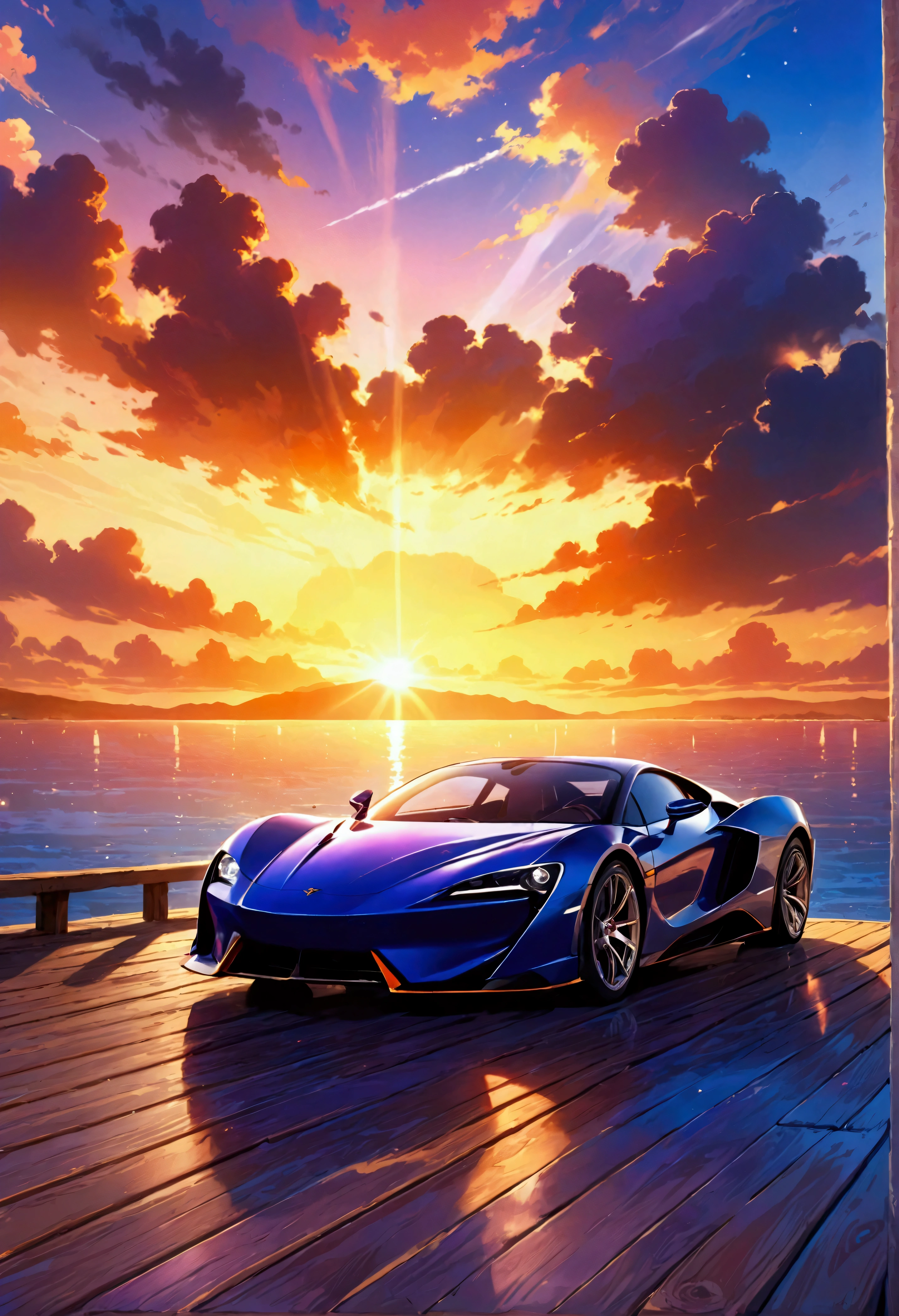 A high-fidelity, award-winning anime art masterpiece, depicting a sleek supercar parked at the end of a wooden pier during a vibrant summer sunset. The setting sun casts a warm, golden glow across the scene, reflecting off the polished surface of the car and creating stunning specular highlights along its sleek, aerodynamic design. The wooden planks of the pier are illuminated by the fading sunlight, adding depth and texture to the composition.

In the distance, colorful carnival lights and decorations from a nearby summer festival softly glow, contrasting with the rich oranges and purples of the sky. The Tyndall effect of the light filtering through the clouds and carnival decorations creates dramatic God Rays that stretch across the horizon, enhancing the scene’s ethereal atmosphere. Gentle bloom effects surround the glowing lights, and a subtle lens flare highlights the brilliance of the setting sun.

The tranquil water beneath the pier mirrors the supercar and the warm colors of the sky, adding a reflective quality that completes the serene yet captivating moment, capturing the perfect blend of luxury, nature, and the magic of summer.