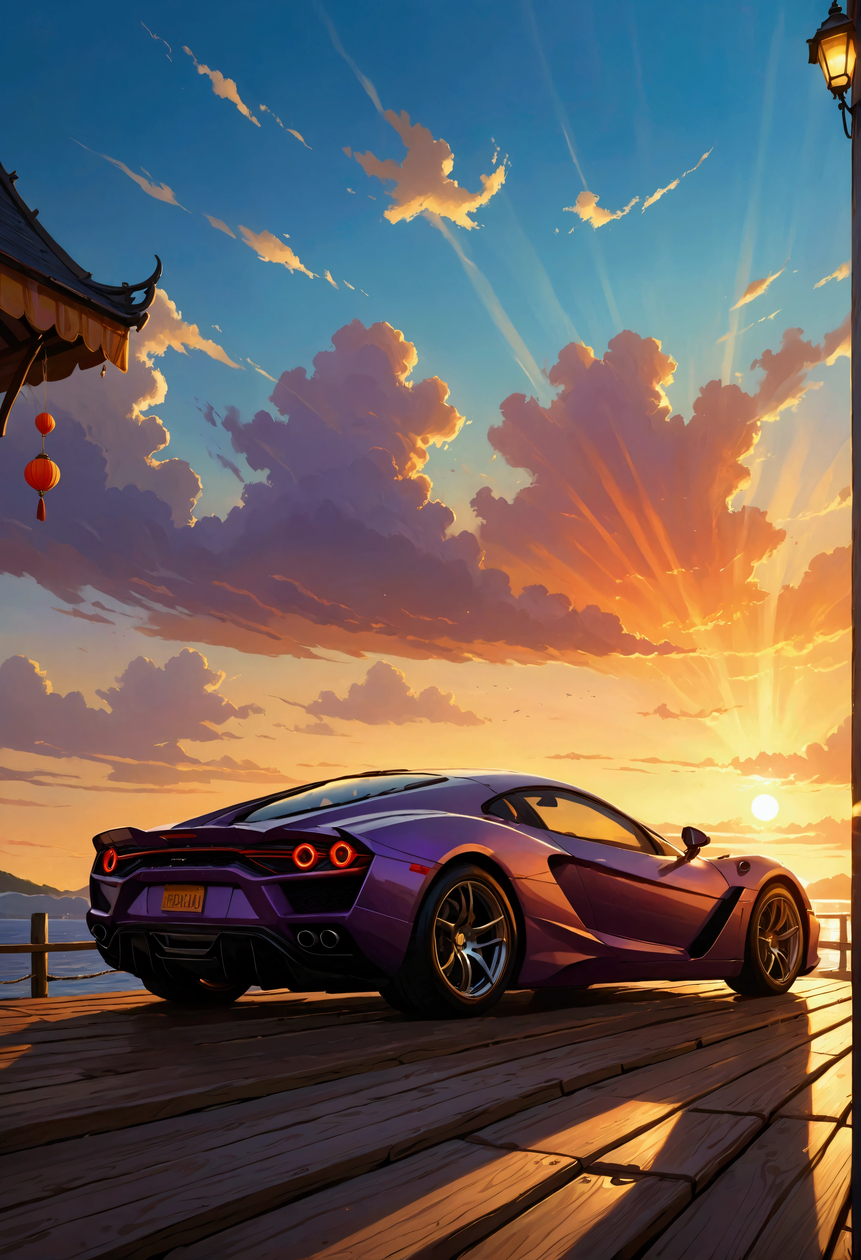 A high-fidelity, award-winning anime art masterpiece, depicting a sleek supercar parked at the end of a wooden pier during a vibrant summer sunset. The setting sun casts a warm, golden glow across the scene, reflecting off the polished surface of the car and creating stunning specular highlights along its sleek, aerodynamic design. The wooden planks of the pier are illuminated by the fading sunlight, adding depth and texture to the composition.

In the distance, colorful carnival lights and decorations from a nearby summer festival softly glow, contrasting with the rich oranges and purples of the sky. The Tyndall effect of the light filtering through the clouds and carnival decorations creates dramatic God Rays that stretch across the horizon, enhancing the scene’s ethereal atmosphere. Gentle bloom effects surround the glowing lights, and a subtle lens flare highlights the brilliance of the setting sun.

The tranquil water beneath the pier mirrors the supercar and the warm colors of the sky, adding a reflective quality that completes the serene yet captivating moment, capturing the perfect blend of luxury, nature, and the magic of summer.