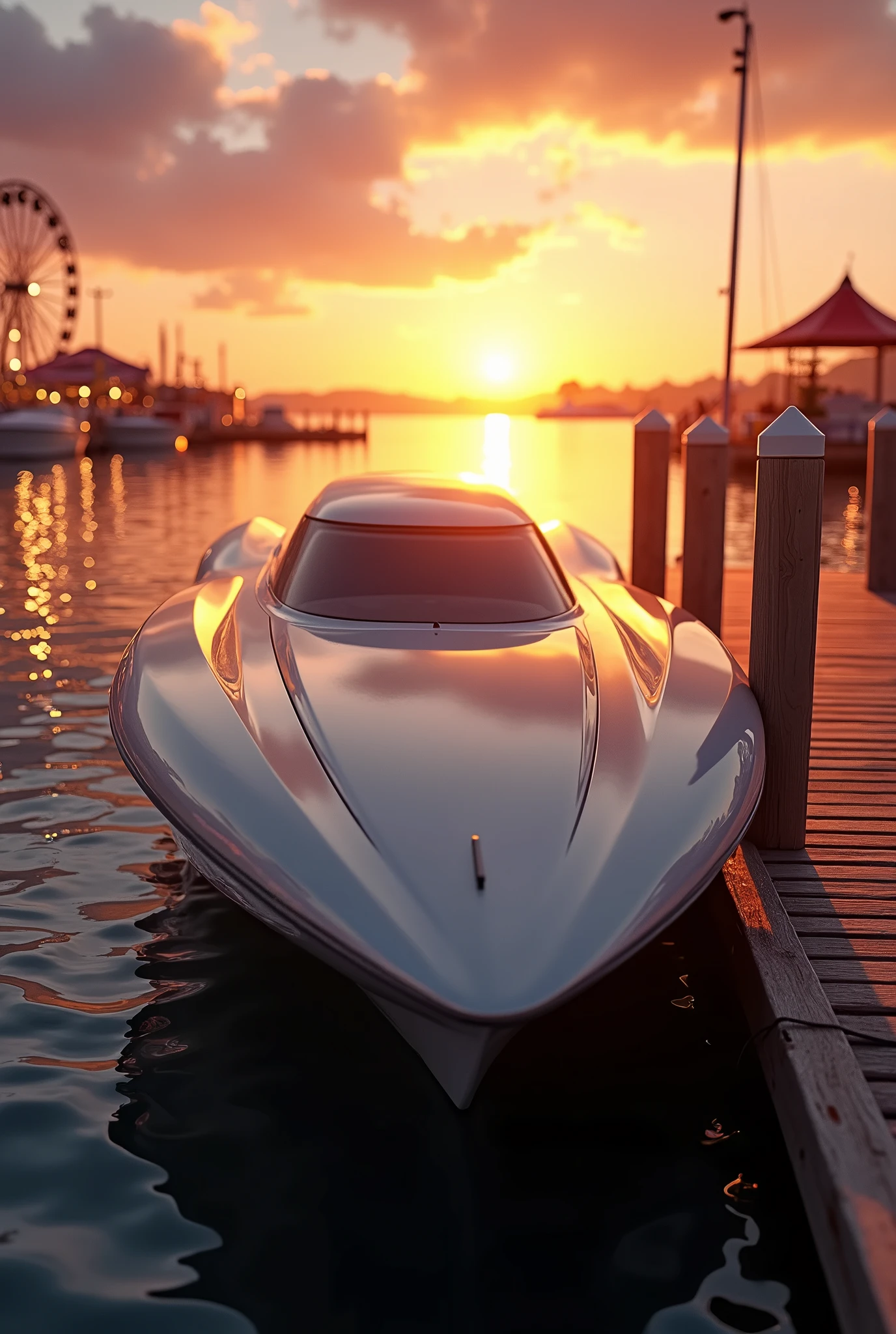 A high-fidelity, hyper-realistic digital photograph of a sleek racing power boat docked at the end of a wooden pier during a warm summer sunset. The boat's polished hull gleams under the golden light, with specular highlights accentuating its sharp, aerodynamic design built for speed. The weathered wooden planks of the pier contrast with the boat’s sleek surface, their texture and grain captured in stunning detail.

In the background, soft summer carnival lights from nearby festivities glow faintly as the rich oranges and purples of the sunset reflect off the calm water. The low sun casts long shadows across the scene, while dramatic God Rays break through the clouds, creating a captivating Tyndall effect that enhances the tranquil atmosphere. The water beneath the boat mirrors the vibrant sky and the vessel, adding a reflective quality to the scene.

A subtle lens flare from the sun and gentle bloom around the glowing lights complete the image, capturing the perfect blend of natural beauty, modern design, and the energy of a summer evening at the pier.