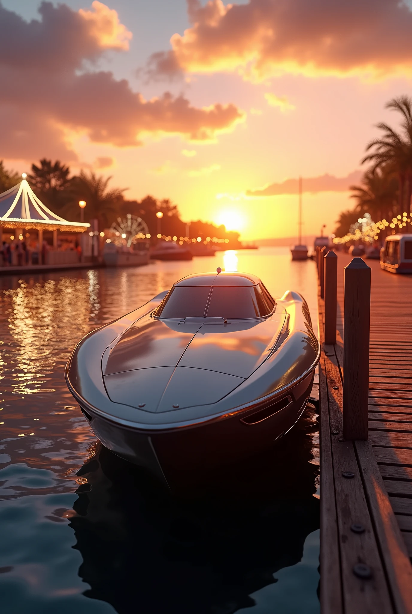 A high-fidelity, hyper-realistic digital photograph of a sleek racing power boat docked at the end of a wooden pier during a warm summer sunset. The boat's polished hull gleams under the golden light, with specular highlights accentuating its sharp, aerodynamic design built for speed. The weathered wooden planks of the pier contrast with the boat’s sleek surface, their texture and grain captured in stunning detail.

In the background, soft summer carnival lights from nearby festivities glow faintly as the rich oranges and purples of the sunset reflect off the calm water. The low sun casts long shadows across the scene, while dramatic God Rays break through the clouds, creating a captivating Tyndall effect that enhances the tranquil atmosphere. The water beneath the boat mirrors the vibrant sky and the vessel, adding a reflective quality to the scene.

A subtle lens flare from the sun and gentle bloom around the glowing lights complete the image, capturing the perfect blend of natural beauty, modern design, and the energy of a summer evening at the pier.