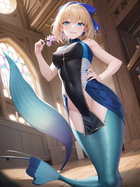 masterpiece, best quality, highres, bbcaster, short hair, twintails, ahoge, hair bow, blue eyes, leotard, mermaid dress, church,...