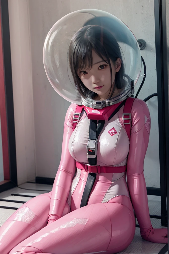 (8k, RAW photo, best quality, masterpiece), (photorealistic), outstanding details, ultra-high resolution, anatomically correct, textured skin, space helmet, BUBBLE helmet, pink bodysuit, diving lama
room, upper body, swimsuit
(Cute Japanese girl , 20-year-old),   sitting