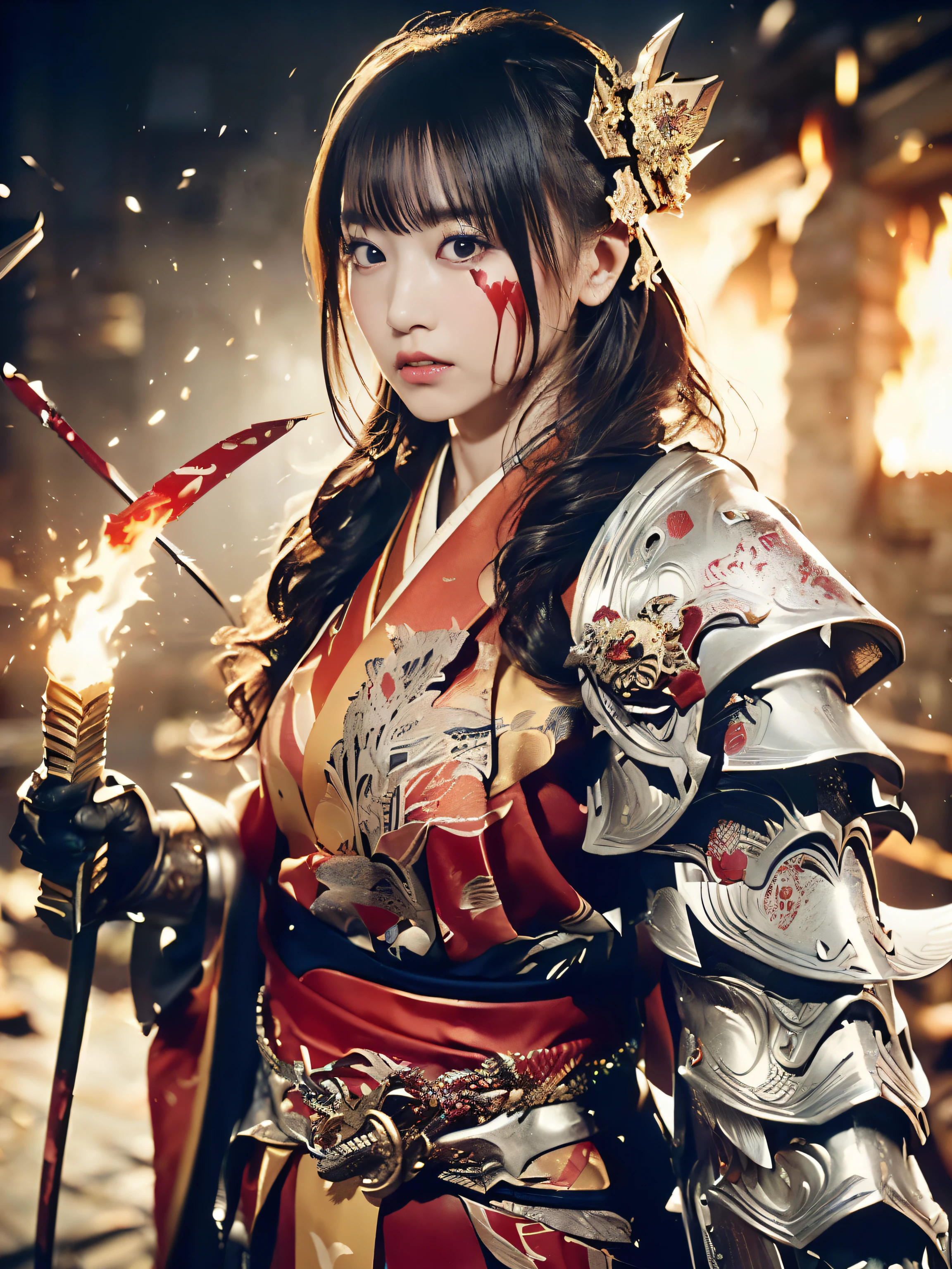 (((Realistic, masterpiece, best quality, crisp detail, high definition, high detail, rich detail, sharp focus, colorful, perfect studio lightning))), ((20 years old, kasumi arimura)),(((in the middle of war, epic war scene, severely wounded, slashed, stabbed by swords, pierced by arrows, attack stance))), wearing (((beautiful decorated golden heavy armor, julia set fractal decorated armor, fully armored beautiful kimono, holding katana, blood scattered face, blood tears, blood bath, blood shed))), (((fire everywhere, blood everywhere, death everywhere, japan bakumatsu period, dead bodies,carcass,burned japanese castle,hellish,chaos)) traditional village background)