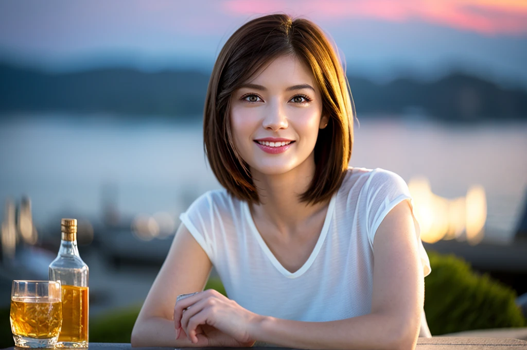 (Realistic, 超Realistic:1.4), 16k hdr, High resolution,Brown short hair,The best smile、Japanese actress,Super Beauty(Like the real thing),Short sleeve dress,Whiskey bottles、The Macallan、Johnnie Walker、、Old Parr、whiskey、Suntory、Nikka、Slim couple、Model Couple、(Realistic, Intricate details:1.2), full-course dinner、Whiskey bottle and glass on the table、Single Malt、scotch、Rocks glass、Shot Glass、Whisky on the Rock、Scotland、Amazing view of the sunset sky and clouds、,Digital single-lens reflex camera, Soft lighting, Detailed Background, Written boundary depth, Volumetric lighting, Sharp focus, super Realistic 肌,super beautiful expression,Cloud Effect:1.2、プロ品質のHigh resolution、Realistic facial features,Highest quality,Slim figure,Highly detailed face,Highly detailed eyes,Beautiful Lips,Excellent light particles,Cinema Lighting,blue eyes,