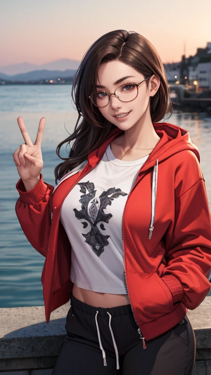 masterpiece, high quality, perfect face, beautiful face, 1girl, wide grin, open mouth, ((braces)), brown hair, black eyes, glasses, (young girl, teenager), (red hoodie jacket, oversized tee), baggy pants, gorgeous, gorgeous female, beautiful, hot, attractive, (medium breasts:1), perfect round breasts, skinny, perfect female body, ((narrow waist)), looking at viewer, standing, peace hand sign, harbour seaside view, morning, cinematic lighting, presenting, zoom in, intricate detail, delicate pattern,