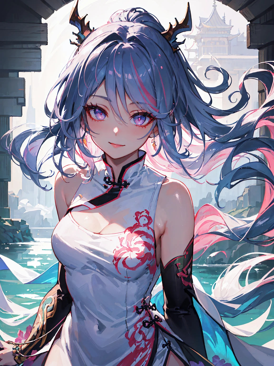 a close up of a woman with pink hair and a white mask, beautiful character painting, guweiz, artwork in the style of guweiz, white haired deity, by Yang J, epic exquisite character art, stunning character art, by Fan Qi, by Wuzhun Shifan, guweiz on pixiv artstation, Masterpiece, Best Quality, Waterfront, Banquet, 1 Woman, Mature Woman, Elegant, Chinese Style, Ancient China, Sister, Royal Sister, Happy, Meatball Head, Light Brown Hair, Pink Eyes, Gorgeous Headwear, Light Pink Lips, Pink Clothes, Yarn like Clothing, Intellectual, Full bangs, Flat bangs, Flower Ball, Face Delicate,Updo, a very beautiful girl, happy girl, clear waterfall, cool waterfall, detailed body, perfect anatomy, pink skin, blue eyes, glowing hair, detailed face, blushing, shy, cute, red lips, sharp eyelashes, cute smile, 1girl, female water spirit, water-colored hair, spring water inside, a few drops of water on the skin, extremely detailed face and eyes, (extremely long hair:1.4), (long floating hair:1.4), dynamic pose, detailed iris, sparkle eyes, star in eyes, (enchanting red eyes:1.3), (multicolored eyes), (light purple hair:1.3), (floating hair:1.3), (hair between eyes), (hair over one eye:1.3), (floating hair:1.3), hyper detailed, realistic, photorealistic, highly detailed, masterpiece, vibrant colors, glowing skin, soft lighting, ethereal, serene, magical, fantasy, digital art, concept art, realistic model, highly detailed, natural scenery, cgi, 8k resolution, masterpiece, photorealistic, photo-realistic, physically-based rendering, extreme detail description, vivid colors, studio lighting, ultra-fine painting