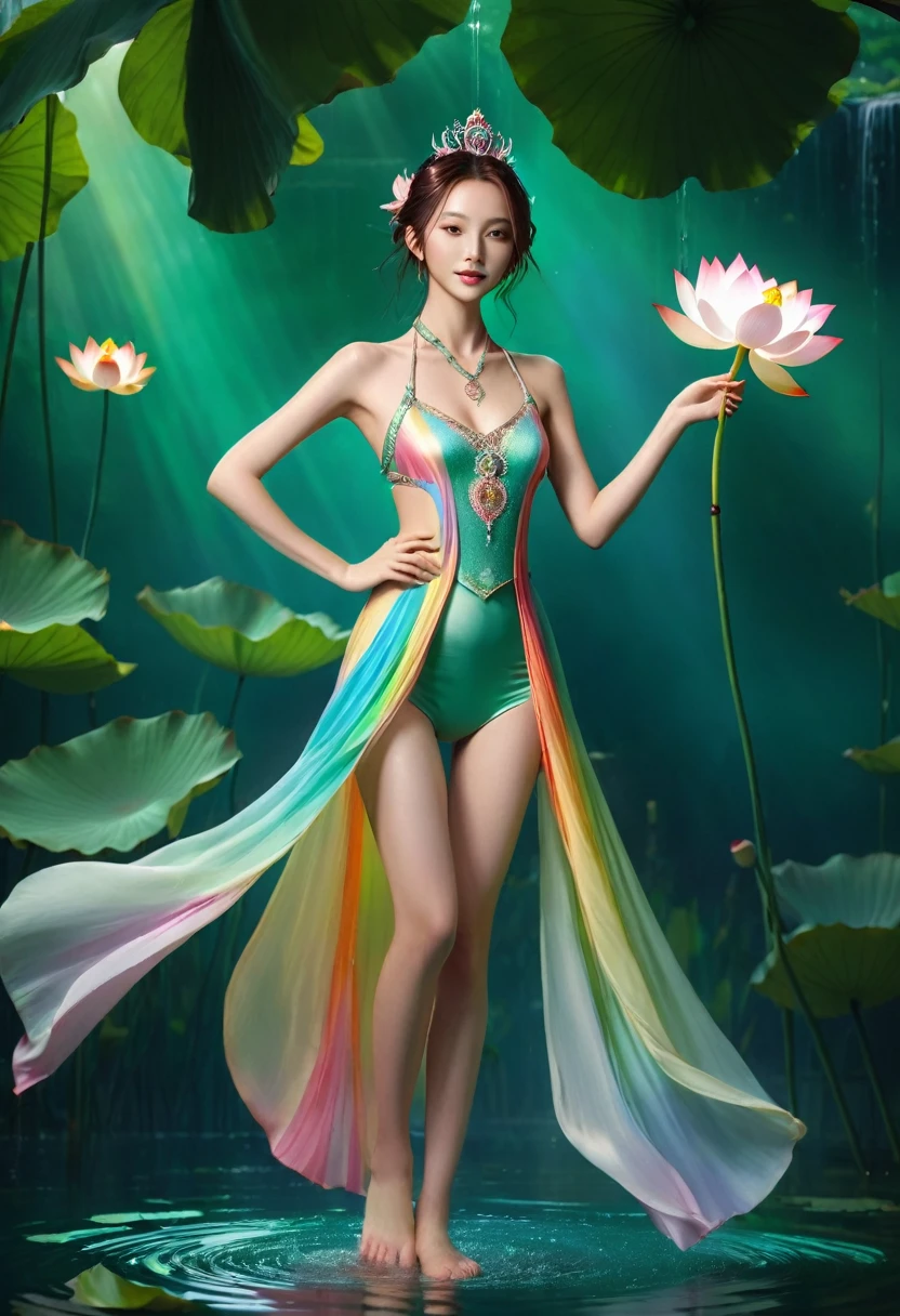 (((Beautiful goddess)))，Standing barefoot on a large lotus in the water，（（（The skin is green））），hand seal，crown，necklace，Yingluo，The ribbon flutters on him，Beautiful and delicate facial features，rosy, Smooth and delicate skin，Shoulder-length hair，barefoot，Perfect hands，Perfect feet，There is a circle of light behind the body，Full body front lighting，Radiant body，There are no shadows on the body，Clear skies，Rainbow in the sky，The wind blows the skirt，Characters shine，Depth and spatial hierarchy，Bright sky，glow，flame，Clean picture background、flat，Unique perspective，masterpiece，lifelike，Professional photography