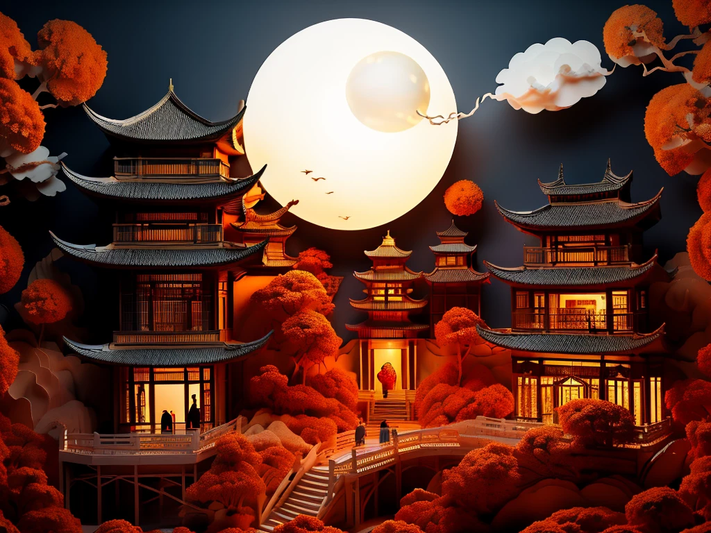 loneliness,(dragon:1.2),(eastern dragon:1.3),(Red Theme:1.2),(Tree:1.1),lantern,trumpet,(cloud:1.2),leaf,landscape,pagoda,(architecture:0.8),(orange:1.1),full_moon,