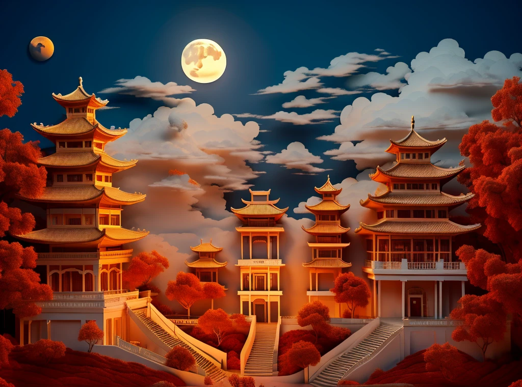 loneliness,dragon,landscape,Red Theme,eastern dragon,No humans,Tree,architecture,pagoda,Full Moon,cloud,Orange theme,