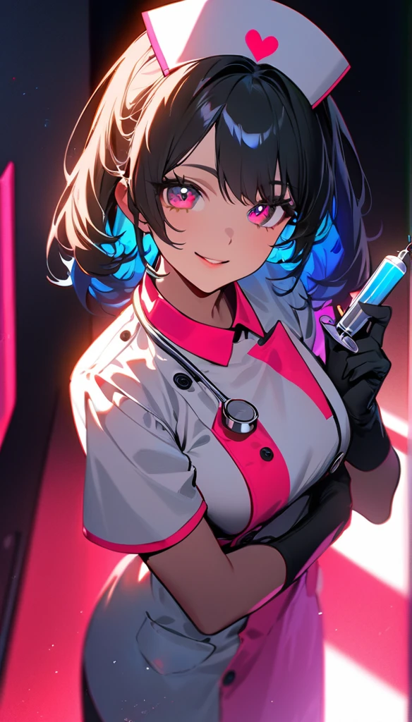 (highest quality:1.2, Very detailed, Latest, Vibrant, 超High resolution, High Contrast, masterpiece:1.2, highest quality, Best aesthetics), (((1 girl))), Beautiful nurse, Smiling nurse holding a large syringe, Carefully drawn medical equipment, Medical Uniforms, Professionalism, Bright colors, Soft lighting, Expressive eyes, Detailed lips, Long eyelashes, Stethoscope, Pleasant atmosphere, confidence, Focus on the nurse&#39;s face, Positive Energy, Calm background, Nurturing presence, High resolution, Sharp focus.