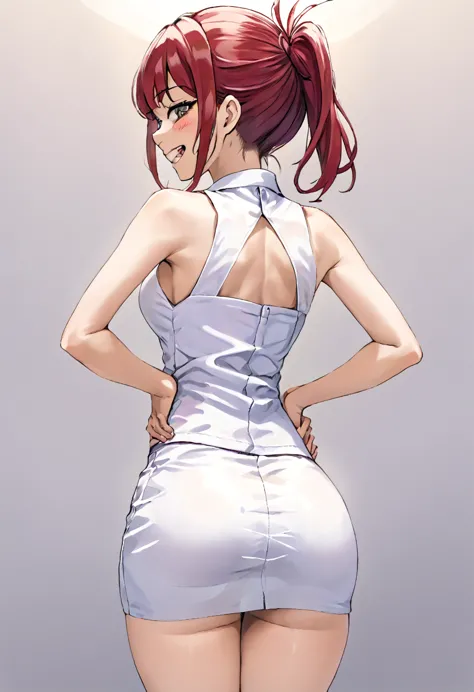 togahimiko,white sleeveless blouse with sexy short pencil skirt , grin,(standing position raised),(from the back highlighting as...