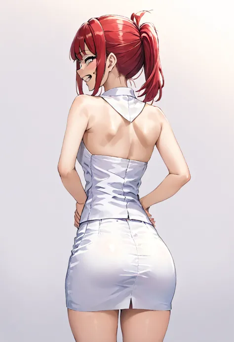 togahimiko,white sleeveless blouse with sexy short pencil skirt , grin,(standing position raised),(from the back highlighting as...