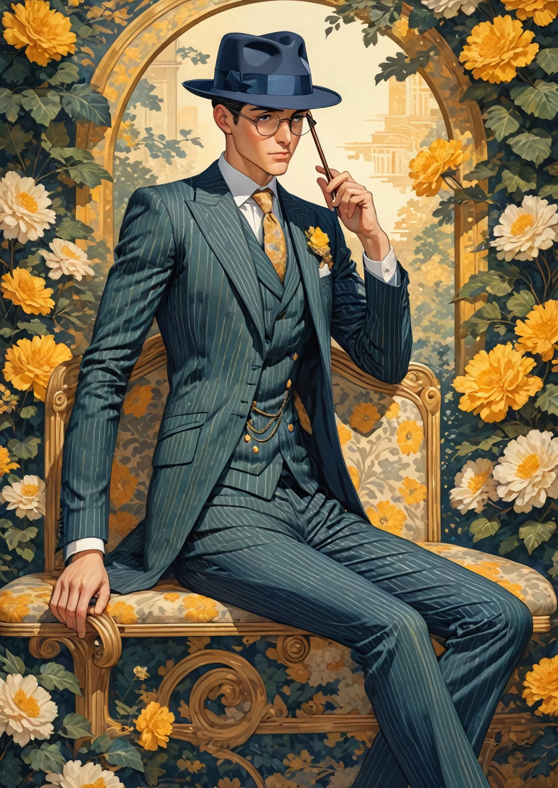 The main character is seated on a patterned bench with his legs crossed, leaning slightly forward. He is holding a cane in his left hand and a small, rectangular object in his right.
The central figure is a stylishly dressed man wearing a pinstripe suit, complete with a boutonniere and a dark fedora hat.
The background features stylized, ornate architectural elements, and floral patterns on the bench.
The image uses a rich palette of navy blue, emerald green, and golden yellow, accented with neutral tones of beige and gray.
The character is a young adult male, dressed in a 1920s-inspired fashion with a pinstripe suit, tie, and fedora hat. His expression is thoughtful, enhanced by thin-rimmed round glasses.
Scene or Activity:** The character appears to be waiting or resting in a luxurious, possibly indoor setting, evoking a sense of upper-class leisure.
Accessories and Props:** He has a floral boutonniere, a walking cane, and a pocket square. His right hand holds a thin object, possibly a ticket or a card.
The light source appears to be coming from the front-left, casting subtle shadows and highlighting the contours of his face and suit.
Perspective and Angle:** The viewpoint is at eye level with the character, focusing on his upper body and the bench, giving an intimate and detailed view.
The image is square, ideally suited for profile icons or decorative art prints.
The character exudes an air of sophistication and contemplation, surrounded by rich textures and patterns that suggest a luxurious setting. The intricate design of the background and bench contrasts with the sleek lines of his suit.
Square format, focusing primarily on the character and the immediate surroundings.
The image evokes an Art Deco style with its geometric patterns and luxurious textures, reminiscent of the Roaring Twenties.