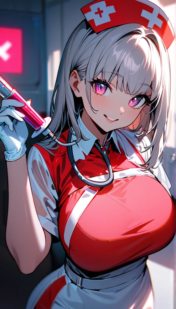 (highest quality:1.2, Very detailed, Latest, Vibrant, 超High resolution, High Contrast, masterpiece:1.2, highest quality, Best aesthetics), (((1 girl))), Beautiful nurse, Smiling nurse holding a large syringe, Carefully drawn medical equipment, sheer see-through tight-fitting Medical Uniforms, Professionalism, Bright colors, Soft lighting, Expressive eyes, huge_breasts, Detailed lips, Long eyelashes, Stethoscope, Pleasant atmosphere, confidence, Focus on the nurse&#39;s face, Positive Energy, Calm background, Nurturing presence, High resolution, Sharp focus, full body, cowboy shot 